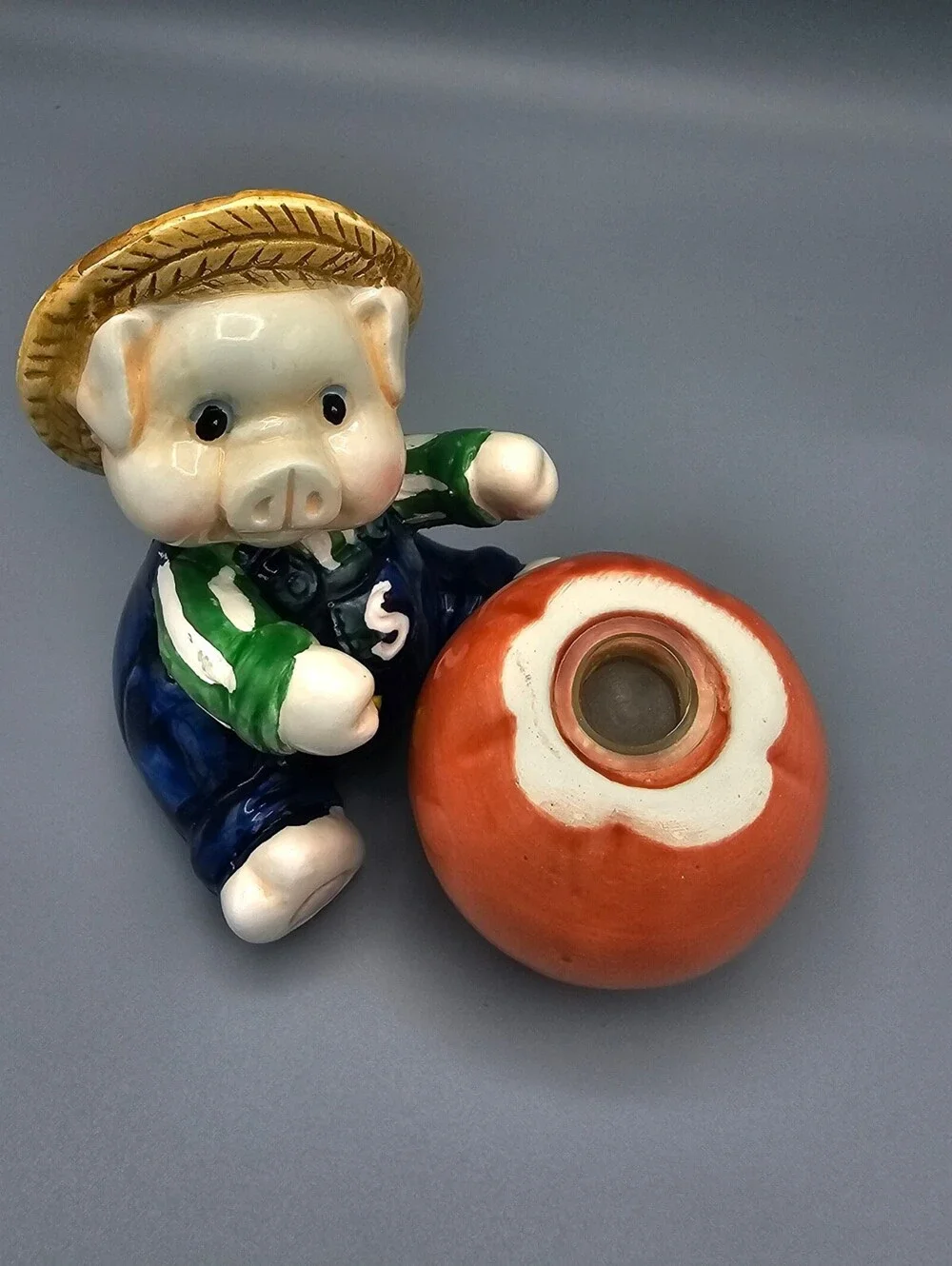 Vintage Ceramic Pig Farmer and Tomato Salt and Pepper Shakers